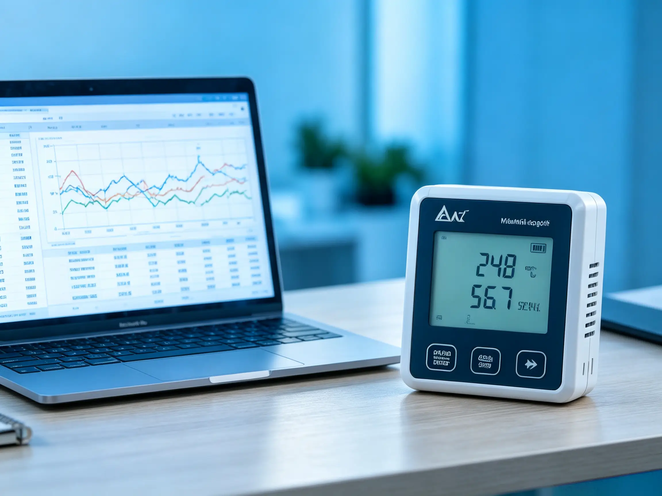 Digital data logger recording temperature and humidity measurements with data displayed on a laptop for review and analysis